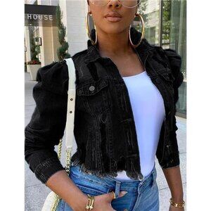 Black‎ Dark Wash Denim Jacket Puff Sleeve Distressed Blue Denim Cropped Jacket